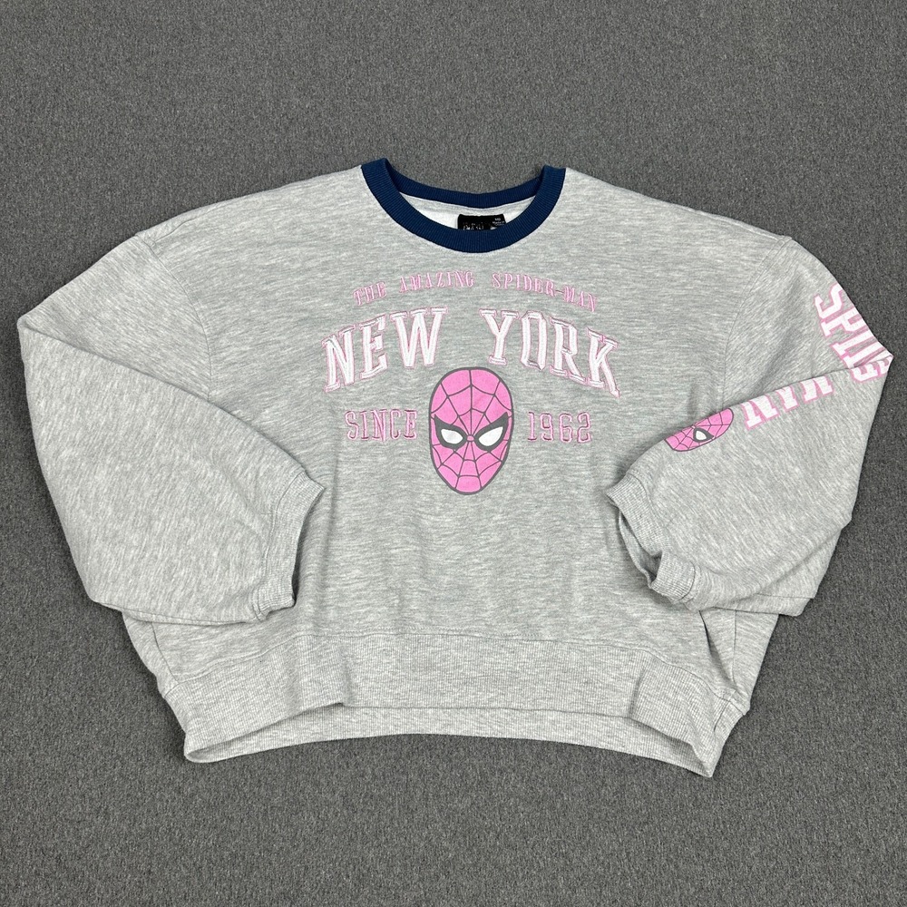 Marvel Spider Man Sweatshirt Crop Top Womens Medium Gray Pink Crewneck Graphic M